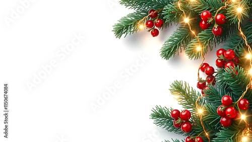 Border with green fir branches, red balls, berries, gold lights and stars isolated on transparent background. Pine, xmas evergreen plants seamless banner. Vector Christmas tree garland decoration