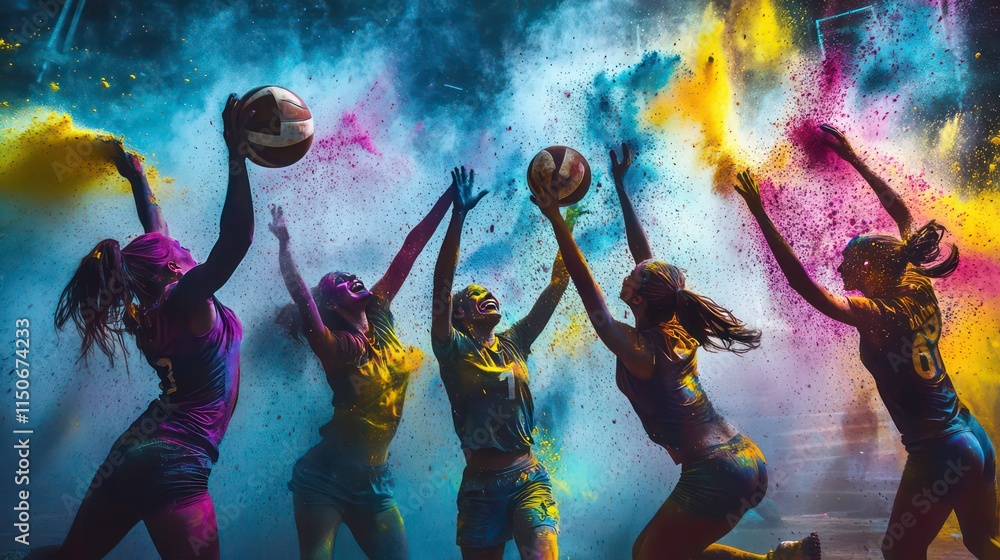 Fototapeta premium Colorful powder explosion surrounds five female volleyball players mid-game, showcasing dynamic action and vibrant hues.