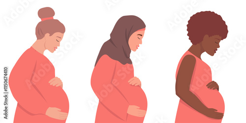 Different pregnant women in profile. The expectant mother in a hijab, with dark skin. Vector graphics.