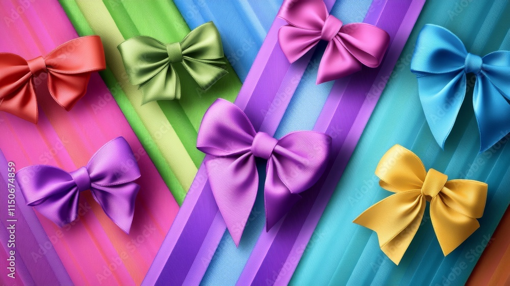 Bows and curly ribbons. Festive elements for wrapping gift box, birthday present or invitation card design, green, blue, pink and purple stripes isolated on white background. Realistic 3d vector set Bows and curly ribbons. Festive elements for wrapping gift box, birthday present or invitation card design, green, blue, pink and purple stripes isolated on white background. Realistic 3d vector set