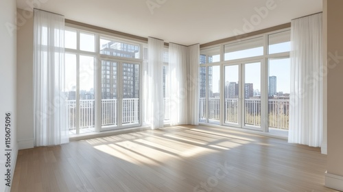 Glass windows with white silk curtains and overlooking to sea. Vector realistic interior of empty room in home or hotel with glass doors to balcony  terrace with railings
