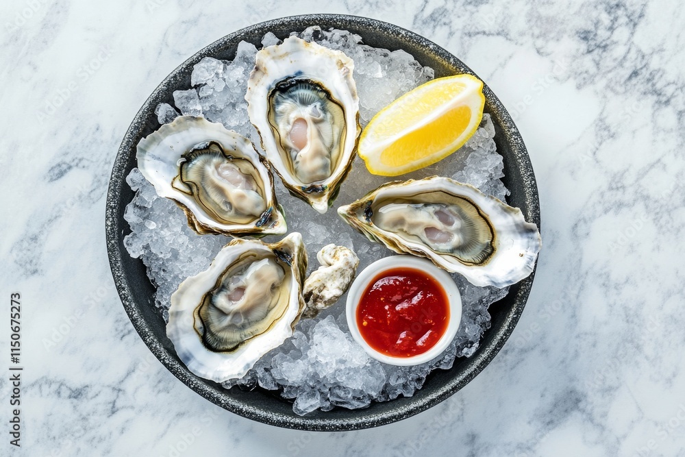 Fresh Oysters on Ice with Lemon and Sauce Fresh Oysters on Ice with Lemon and Sauce