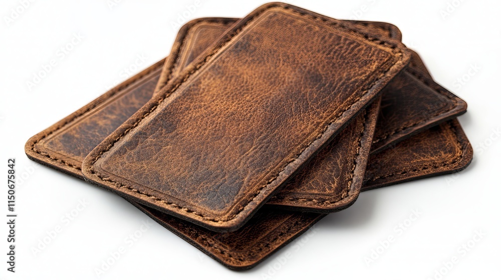 Realistic set of genuine leather labels isolated on white background. Vector illustration of brown material tag for price or quality information about clothes and accessories. Vintage style texture Realistic set of genuine leather labels isolated on white background. Vector illustration of brown material tag for price or quality information about clothes and accessories. Vintage style texture