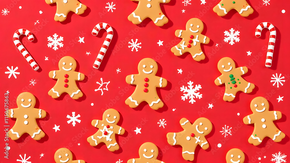 A whimsical seamless pattern featuring gingerbread cookies, red-and-white candy canes, and intricate snowflakes, symmetrically arranged on a vibrant red background A whimsical seamless pattern featuring gingerbread cookies, red-and-white candy canes, and intricate snowflakes, symmetrically arranged on a vibrant red background