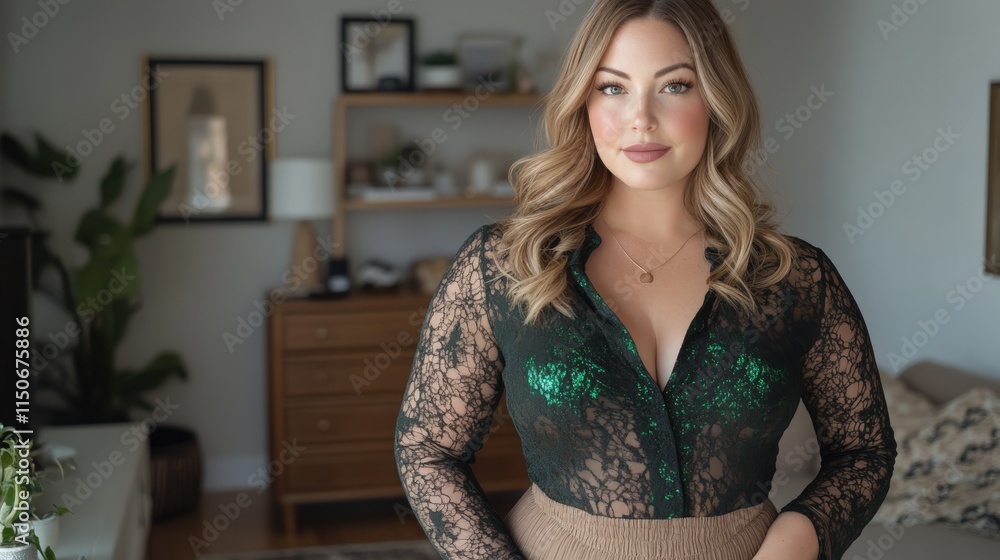 Fototapeta premium Elegant woman in lace blouse stands in cozy room, highlighting luxurious details