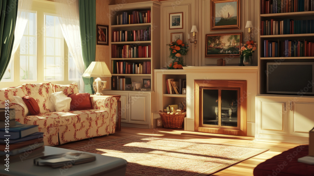 Fototapeta premium A cozy interior design blending classic furniture with timeless charm. A plush upholstered armchair in neutral tones invites relaxation, paired with a vintage wooden side table adorned with a classic 