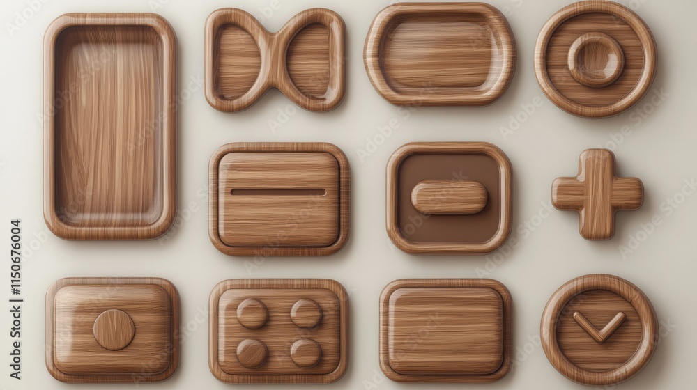 Wooden buttons for user interface design in game, video player or website. Vector cartoon set of brown wood ui elements, check box, stop, play and pause buttons and login frame Wooden buttons for user interface design in game, video player or website. Vector cartoon set of brown wood ui elements, check box, stop, play and pause buttons and login frame