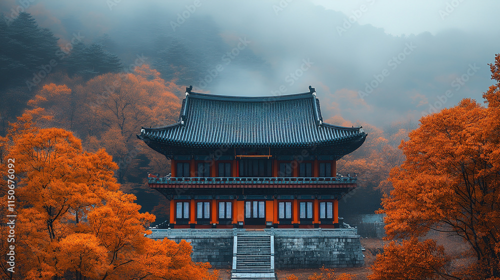 Traditional asian architecture surrounded by vibrant autumn foliage in a misty mountain landscape Traditional asian architecture surrounded by vibrant autumn foliage in a misty mountain landscape