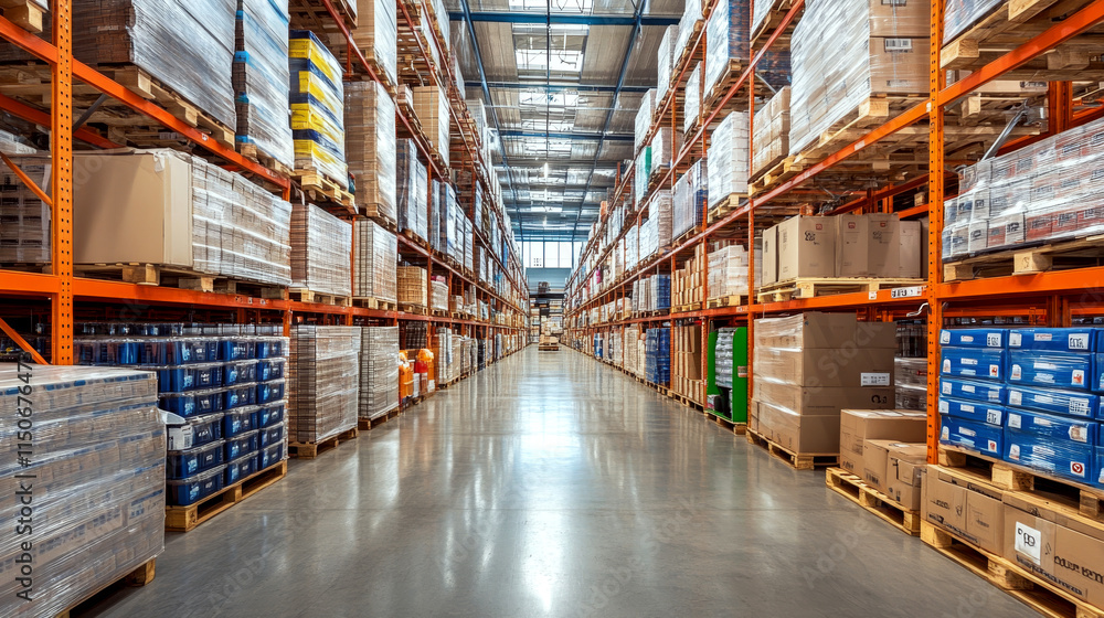 Warehouse interior with tall shelves filled with boxes, organized in neat rows. Concept of logistics and storage. For business presentations, articles. Warehouse interior with tall shelves filled with boxes, organized in neat rows. Concept of logistics and storage. For business presentations, articles.