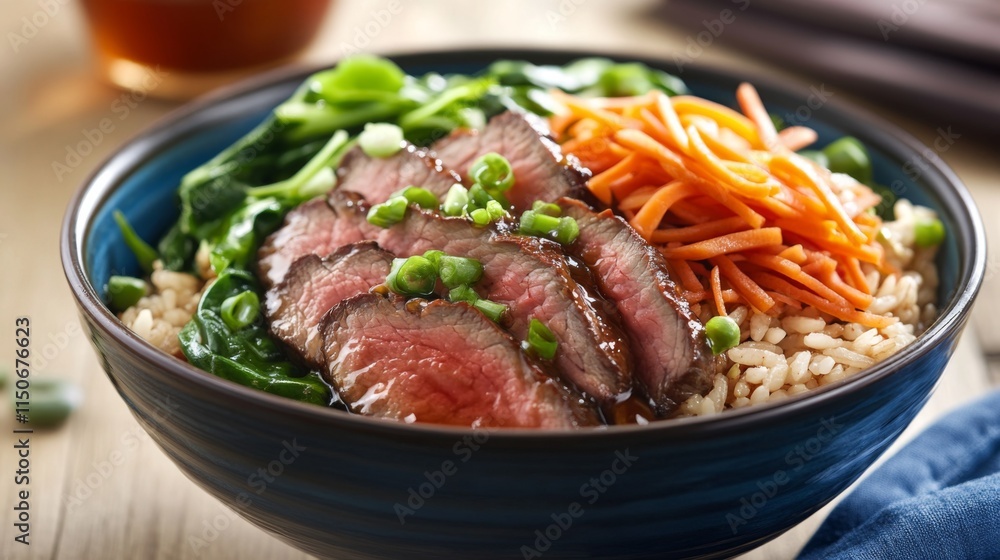 Delicious Beef Bowl with Vegetables and Rice in a Dark Blue Bowl Delicious Beef Bowl with Vegetables and Rice in a Dark Blue Bowl