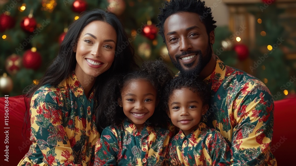 Happy family dressed in holiday attire, smiling, in front of a Christmas tree. Happy family dressed in holiday attire, smiling, in front of a Christmas tree.