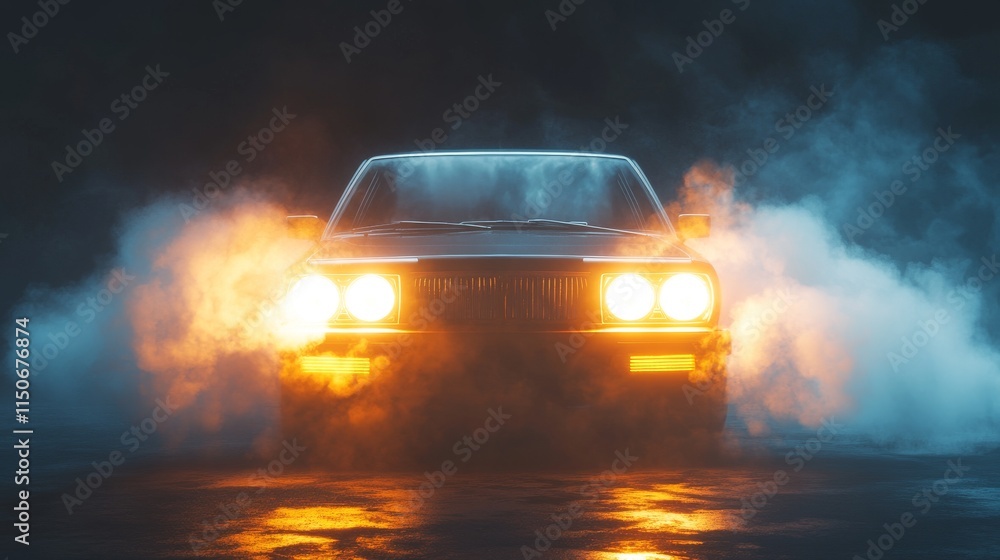 Car headlights, automobile front view light overlay effect. Glowing headlamps, vehicle lamps and smoke, transport at night isolated on transparent background, Realistic 3d vector illustration Car headlights, automobile front view light overlay effect. Glowing headlamps, vehicle lamps and smoke, transport at night isolated on transparent background, Realistic 3d vector illustration