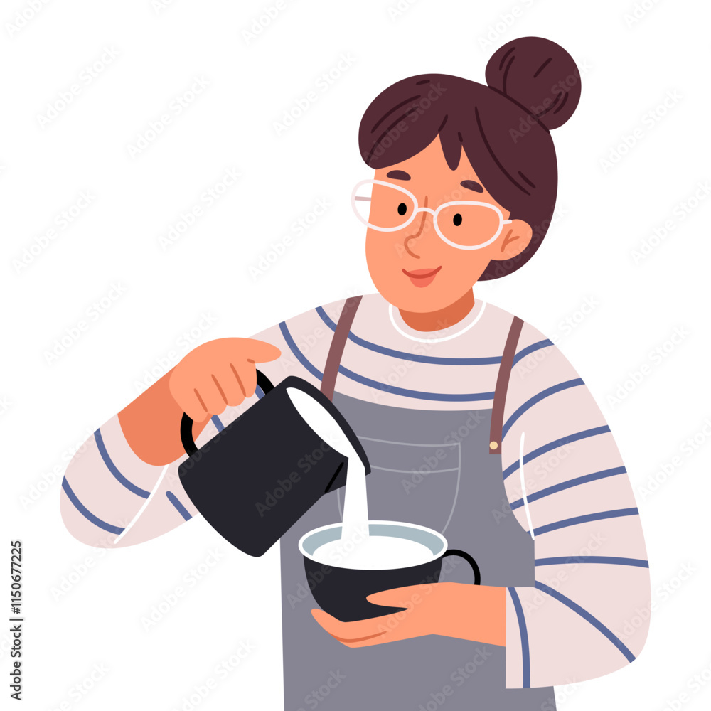 WA cute barista with a milk jug in her hands makes a latte or cappuccino.eb WA cute barista with a milk jug in her hands makes a latte or cappuccino.eb