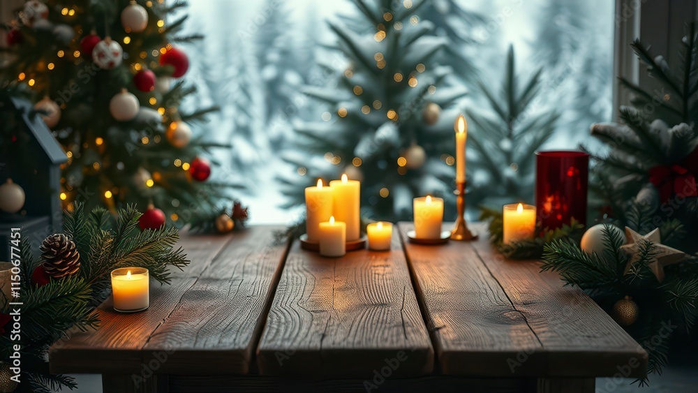 Christmas holiday background featuring an empty wooden table surrounded by festive candles and evergreen branches, wooden table, evergreen branch, decorated space Christmas holiday background featuring an empty wooden table surrounded by festive candles and evergreen branches, wooden table, evergreen branch, decorated space