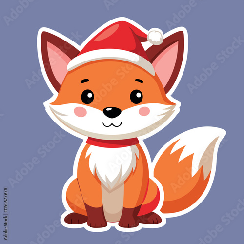 Cute red fox character with red Santa's hat. Vector flat illustration