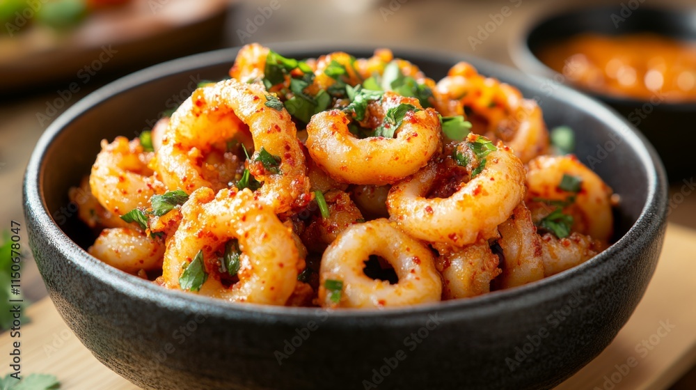 Spicy Shrimp Rings in Bowl with Fresh Herbs and Red Sauce Spicy Shrimp Rings in Bowl with Fresh Herbs and Red Sauce