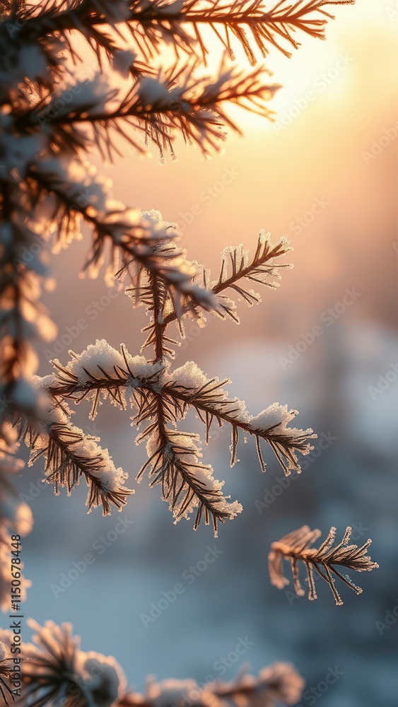 Frosty morning light shines on Christmas tree branches, christmas, tree Frosty morning light shines on Christmas tree branches, christmas, tree