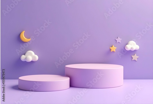 Kids podium with night sky, white clouds, yellow stars and a crescent moon against a purple Vector background. Two platforms or stands, minimalist showcase for children product promotional display