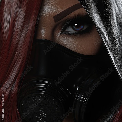 A 3D illustration showing the front view of a cyberpunk girl with red hair and blue eyes, adorned with a futuristic gas mask featuring filters and a stylish jacket, on a white background. The art photo