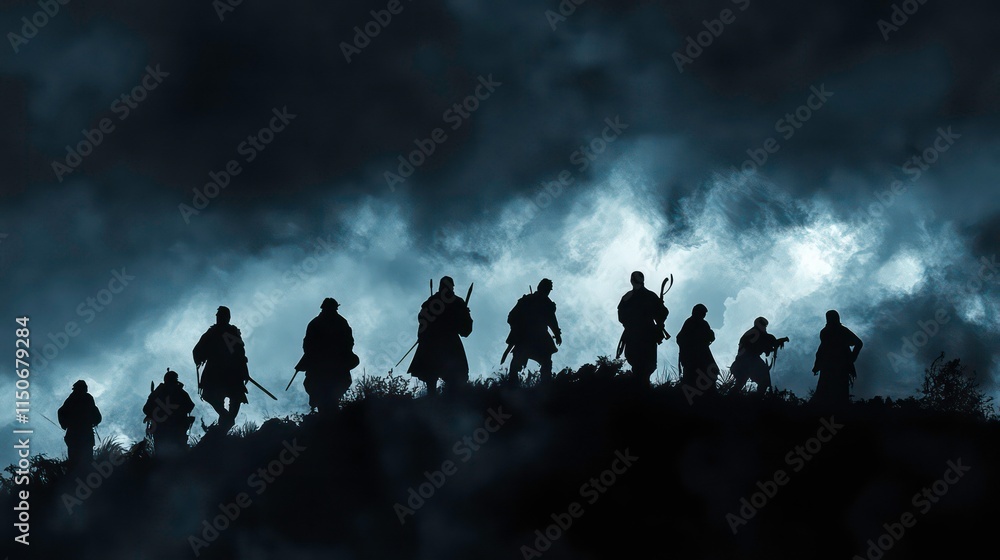 Fototapeta premium Silhouetted figures trek across a hilltop under a stormy, ominous sky.