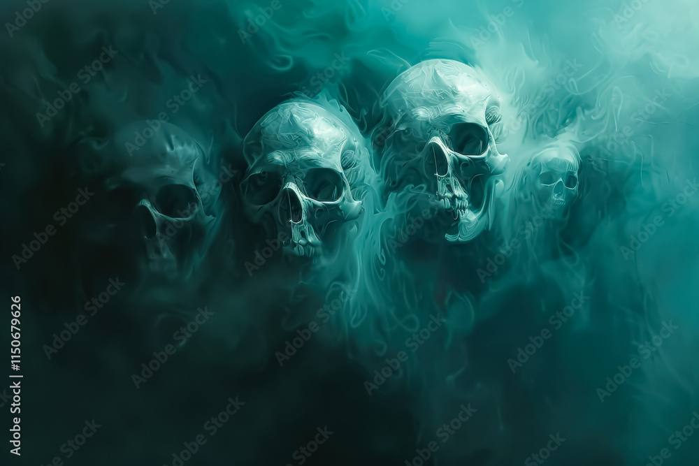 Group of skulls are floating in the air with smoke surrounding them. The skulls are all different sizes and are positioned at various angles. Scene is eerie and unsettling Group of skulls are floating in the air with smoke surrounding them. The skulls are all different sizes and are positioned at various angles. Scene is eerie and unsettling