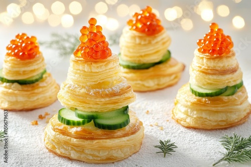 A festive Christmas canapé featuring cucumber slices, salmon pâté, and red caviar as a holiday snack. photo