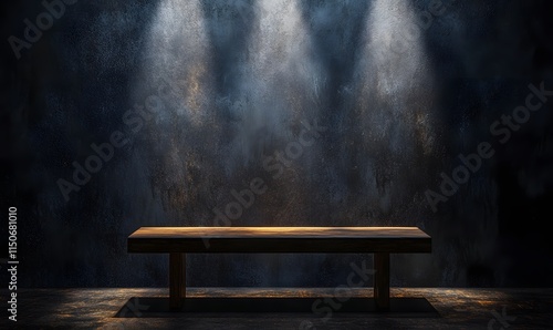 A dark wall with an empty table under a single spotlight