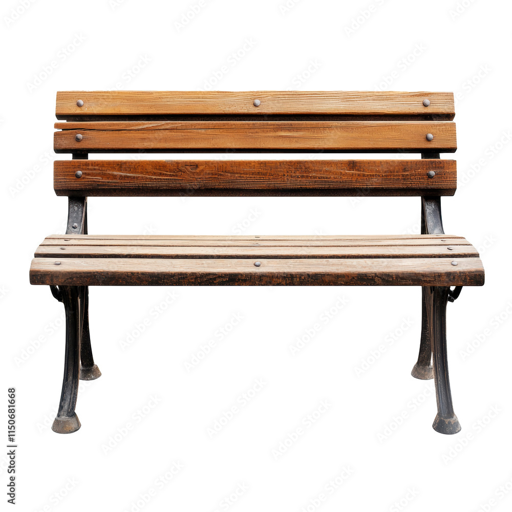 A rustic wooden park bench with metal legs is displayed from the front, isolated on transparent background A rustic wooden park bench with metal legs is displayed from the front, isolated on transparent background