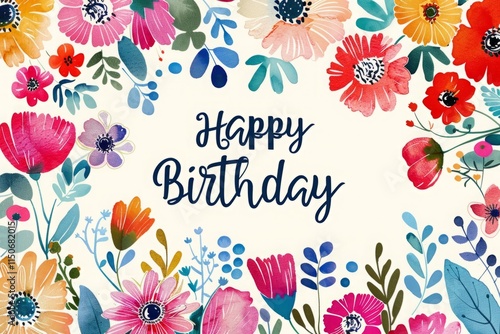 A colorful field of flowers with a happy birthday message