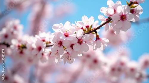 close-up view of blossom trees in full bloom, showcasing delicate pink and white flowers against a clear blue sky
