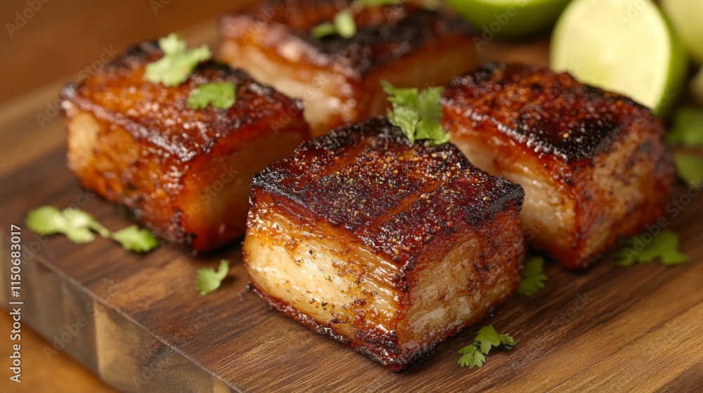 Crispy Pork Belly Cubes with Fresh Garnish and Lime Wedges Crispy Pork Belly Cubes with Fresh Garnish and Lime Wedges
