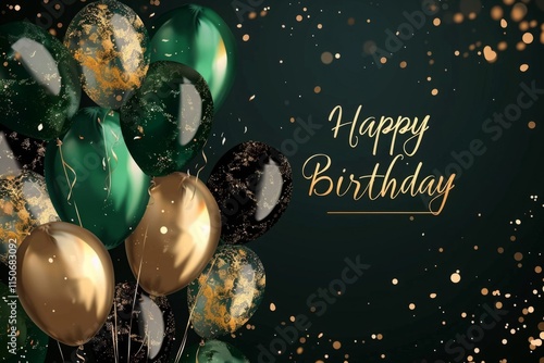 A green and gold birthday banner with a bunch of balloons