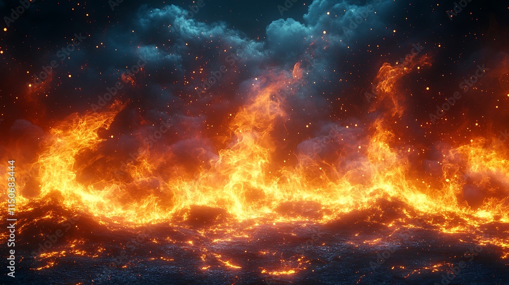 Bright orange flames spreading wildly across a surface in dark ambiance image Bright orange flames spreading wildly across a surface in dark ambiance image
