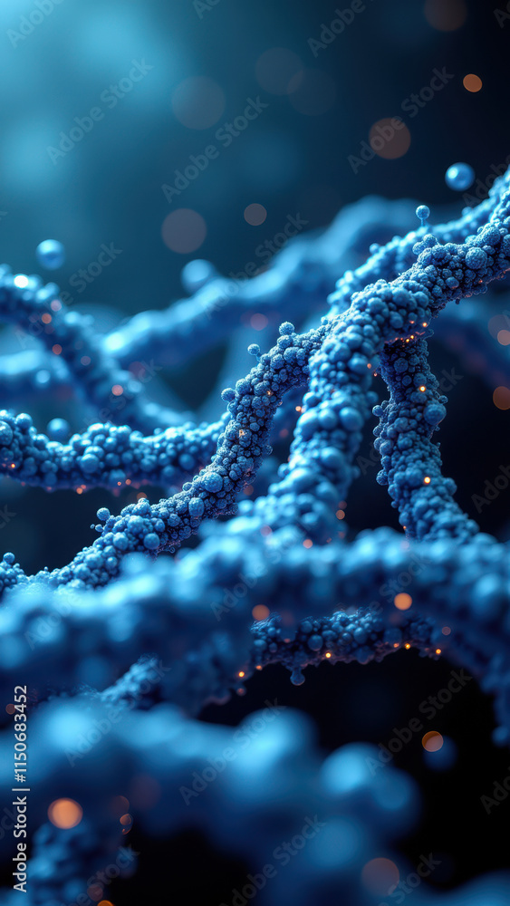 A microscopic view of a neuron-like structure, showcasing blue spherical structures representing synaptic vesicles, with a focus on Semaglutide. A microscopic view of a neuron-like structure, showcasing blue spherical structures representing synaptic vesicles, with a focus on Semaglutide.