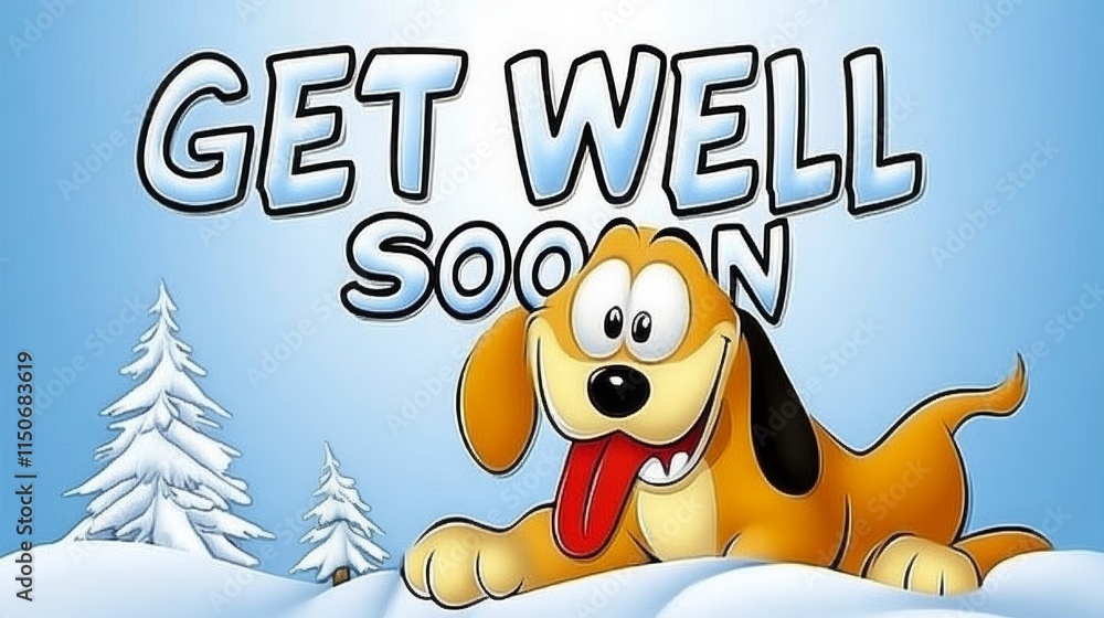 Fototapeta premium Get Well Soon Christmas, New Year Winter greeting card with Cute Dog, AI Generated
