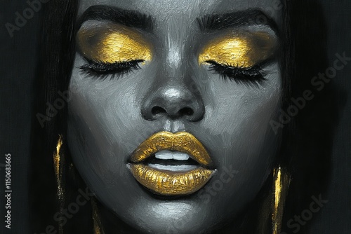 A captivating abstract acrylic painting of a beautiful woman rendered in black and white, with gold highlights, and featuring pronounced paint texture and vigorous brush strokes.