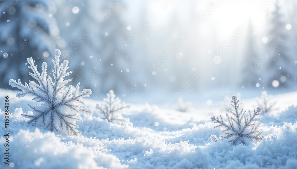 Frosty snowflakes on snow with blurred forest background Frosty snowflakes on snow with blurred forest background