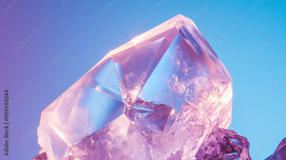 Realistic close-up of a crystal-clear quartz gem with its faceted surface, abstract blue and purple gradient background Realistic close-up of a crystal-clear quartz gem with its faceted surface, abstract blue and purple gradient background