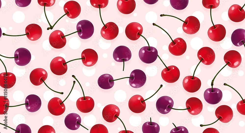 Yummy red and purple cherries. Sweet fruit pattern. White polka dots background. Seamless. Yummy red and purple cherries. Sweet fruit pattern. White polka dots background. Seamless.