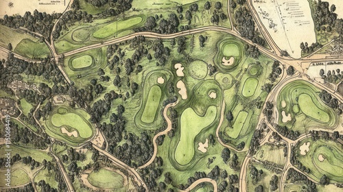 Vintage aerial view of a golf course, showing fairways, greens, and trees.
