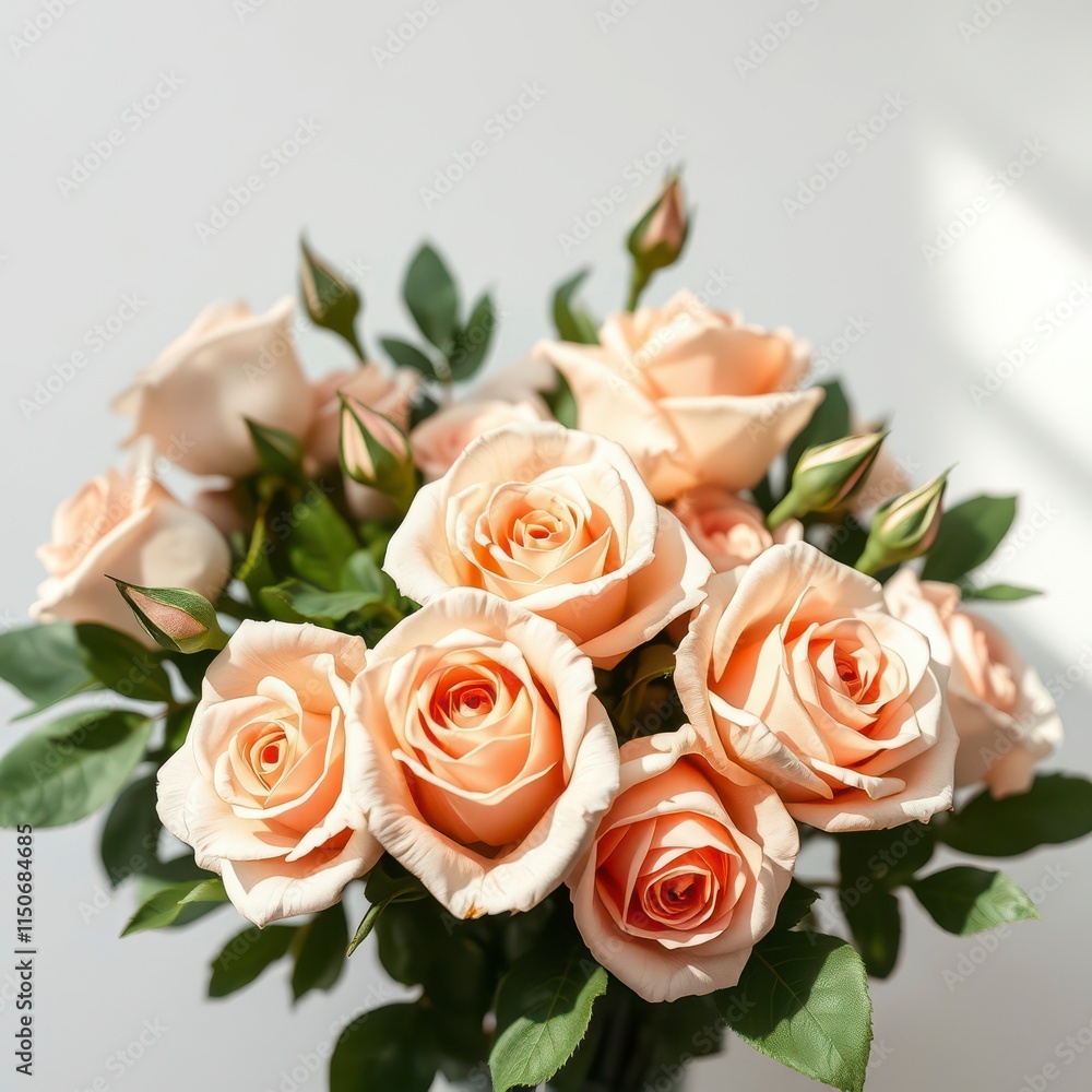 A beautiful arrangement of peach and pink roses with lush greenery on a white background, floral art, peach roses, rose bouquets A beautiful arrangement of peach and pink roses with lush greenery on a white background, floral art, peach roses, rose bouquets