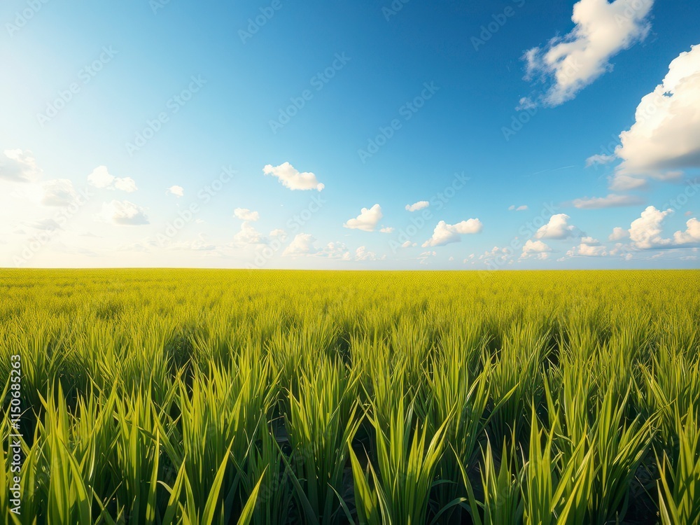 A field of fresh spring green grass stretching towards the horizon, serene atmosphere, outdoors, peaceful landscape, scenic views A field of fresh spring green grass stretching towards the horizon, serene atmosphere, outdoors, peaceful landscape, scenic views