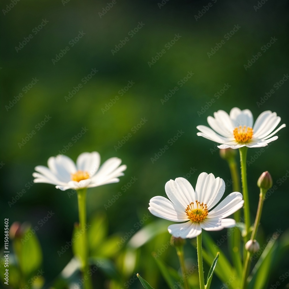 Close-up of delicate white flowers with yellow centers in a softly lit garden