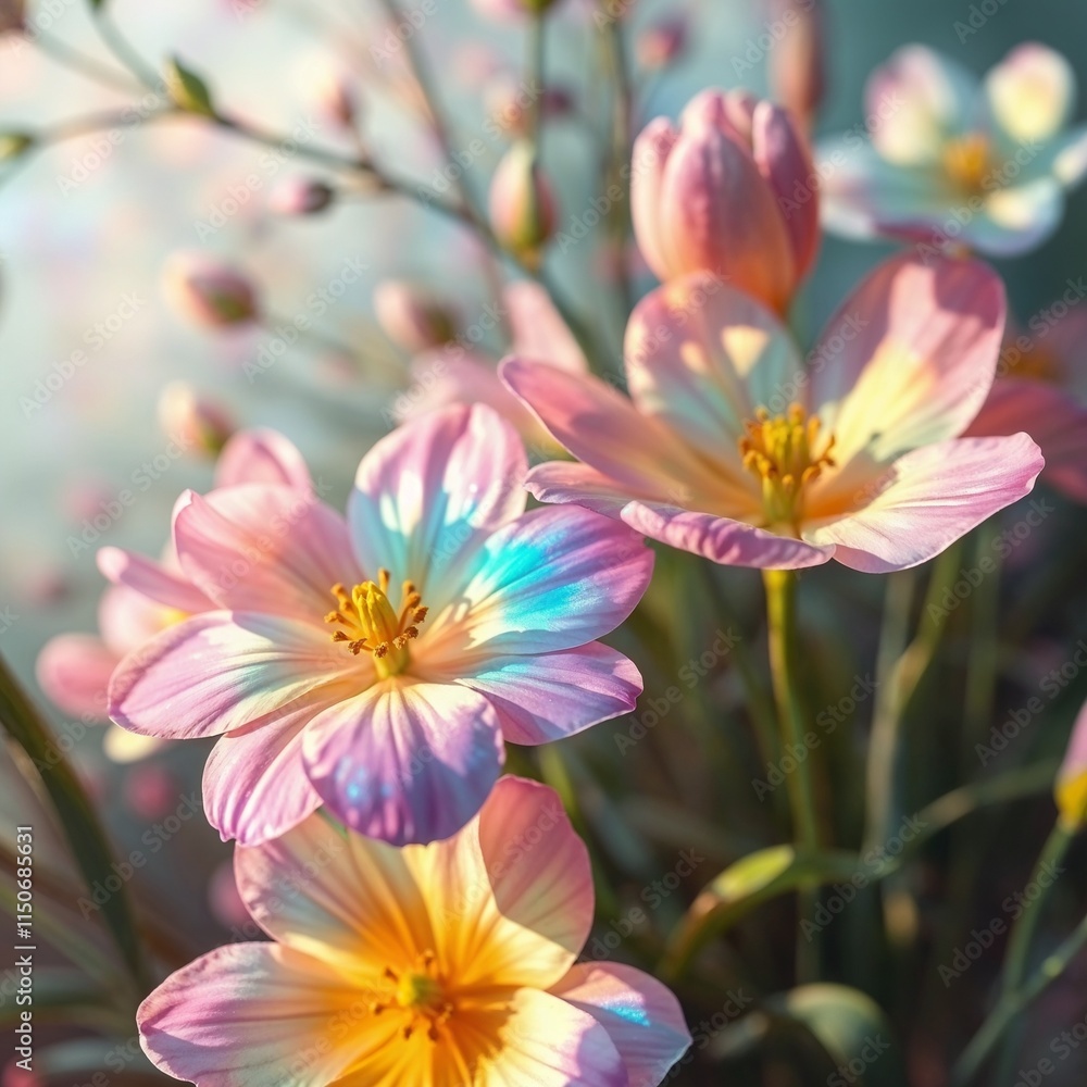 Radiant multi-colored flowers with vibrant patterns glowing in soft light Radiant multi-colored flowers with vibrant patterns glowing in soft light