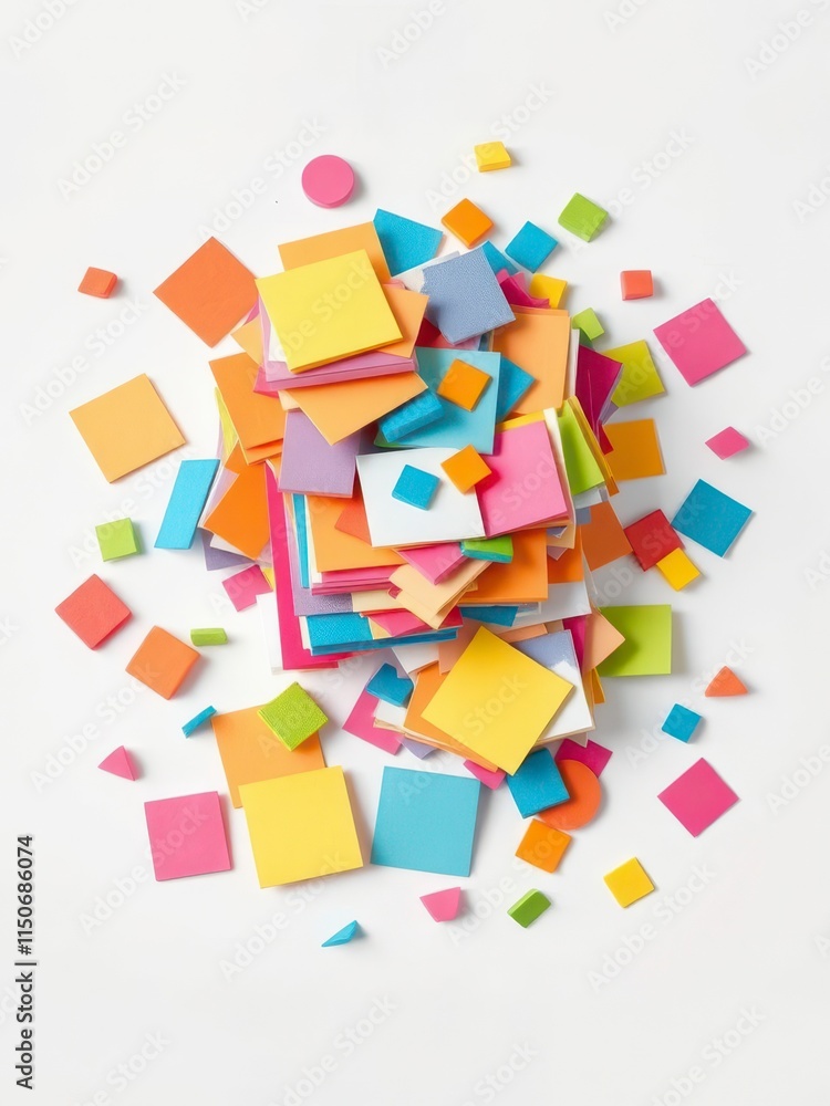 A stack of sticker notes in different colors and shapes on a white surface, creative materials, organized storage A stack of sticker notes in different colors and shapes on a white surface, creative materials, organized storage