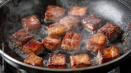 Deliciously Cooked Crispy Pork Belly Cubes Sizzling in Frying Pan