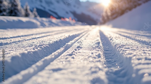 Groomed ski tracks in sunny winter mountain landscape