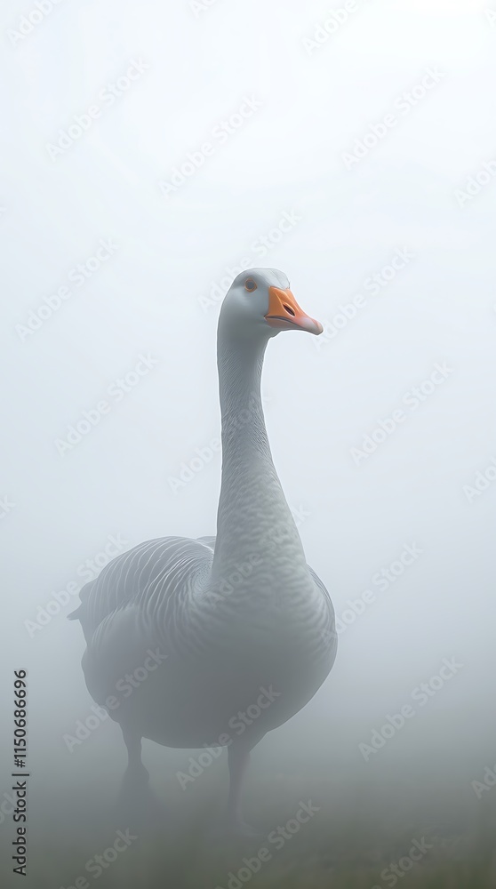 Obraz premium Goose wandering in a foggy landscape under soft light