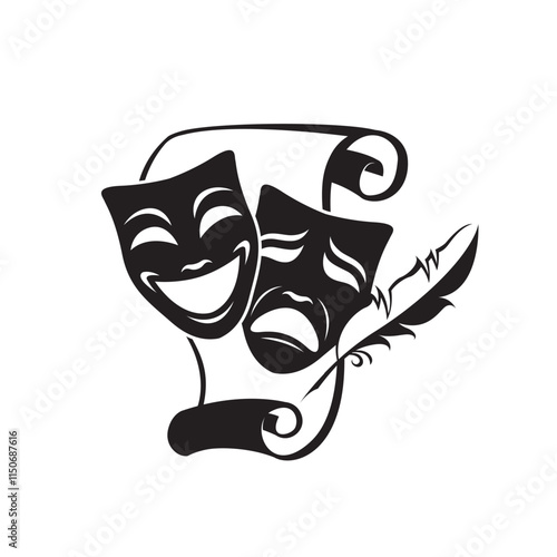 icon of comedy and tragedy theatrical masks with paper isolated on white background