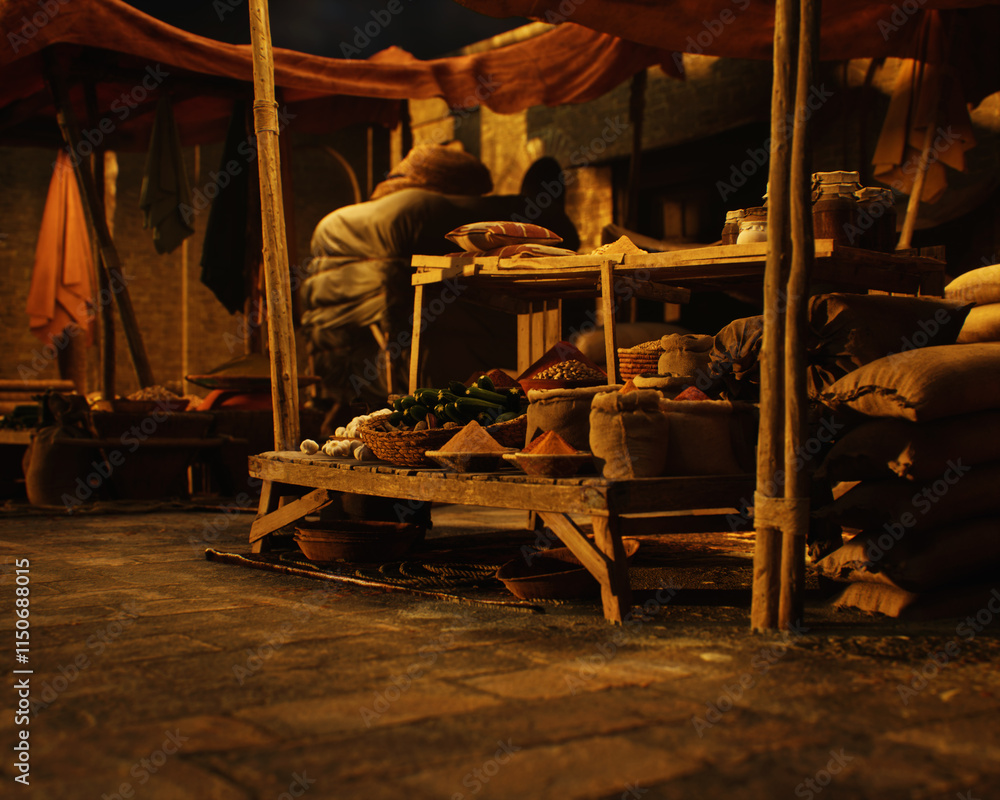 Outdoor marketplace with a variety of products on a traditional historic bazaar. 3D render.